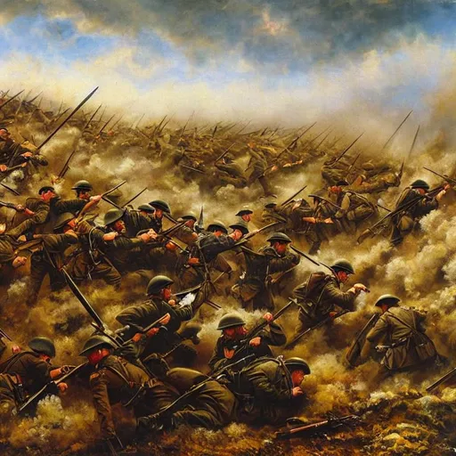 Prompt: A world war 1 battle scene painting with soldiers fighting a raging trench battle