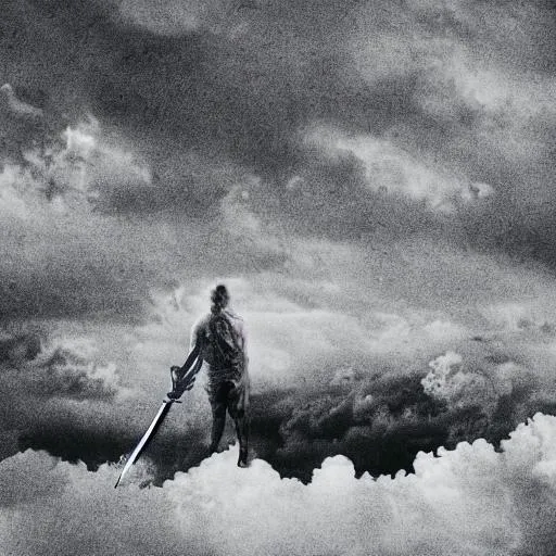 Prompt: a headless man hiding in the dark clouds with a sword in his right hand