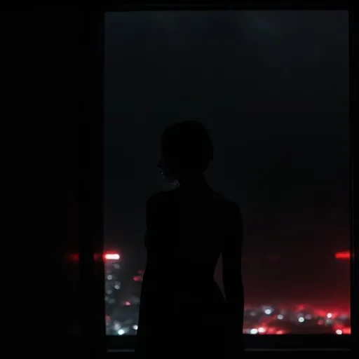 Prompt: A photography in Elsa Bleda style, a woman silhouette from behind looking through her apartment window  over a big decadent city at night, moonlight, red neon lights illuminating, ethereal gloomy mood, fog. 