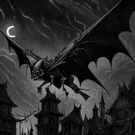 Prompt: A skeletal bat flying high over a dark village at night