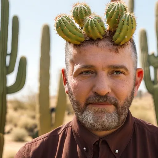 Prompt: A bald man with a cactus growing out of his head