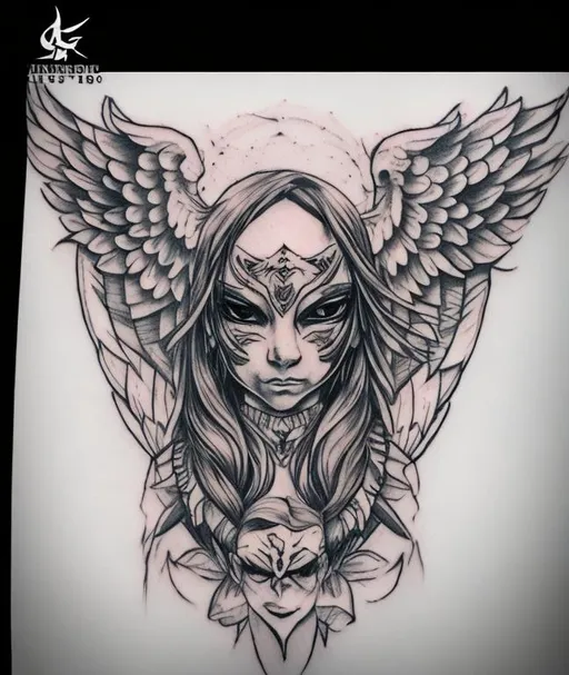 Sketchy tattoo style, angel with tengu half face mask