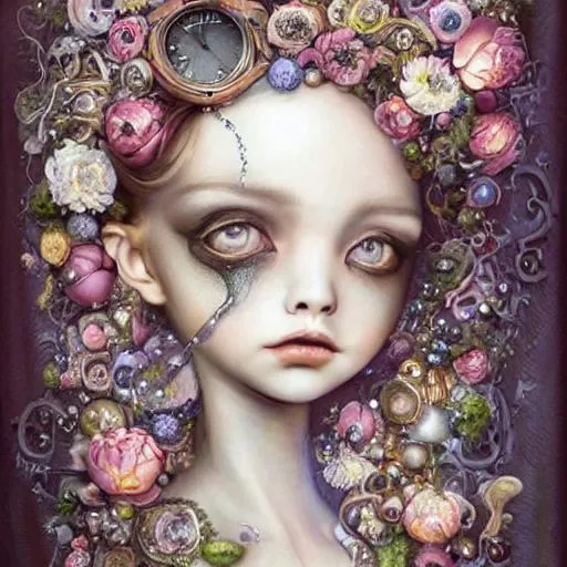 Prompt: realistic painted still life beautiful flowers by ambrosius bosschaet!!!!!, nicoletta ceccoli, daniel merriam art, jennifer healey art, fantasy art, renaissance gown, bubbles floating in the sky, iridescent water drops, crystal chandelier drops, cracked beautiful porcelain doll face, glitter sparkles, steampunk symmetrical face, daniel merriam art, steampunk, cracked clock pieces floating in sky, hyper realistic flower bouquet painting,  soft shadows, stunning, dreamy, elegant, perfect face, sparkles, Beautiful goddess, Haute Couture, princess dress, joseph karl steiler art, muted colors, fairy wings, symmetrical steampunk, muted colors, fairy wings, architecture illustrations 1800s, garden of roses and peonies background, ultra detailed, soft lighting, infinite depth, incredibly detailed, ultra realistic, high index of refraction, hyper realistic elegant smooth sharp clear edges, wide angle perspective, ultra realistic, sense of high spirits, volumetric lighting, occlusion, Unreal Engine 5 128K UHD Octane, fractal, pi, fBm