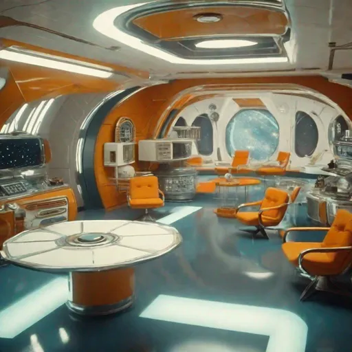 Prompt: 1960s Retro-Futuristic spaceship living quarters in the style of "2001: A Space Odyssey". Detailed, 4k