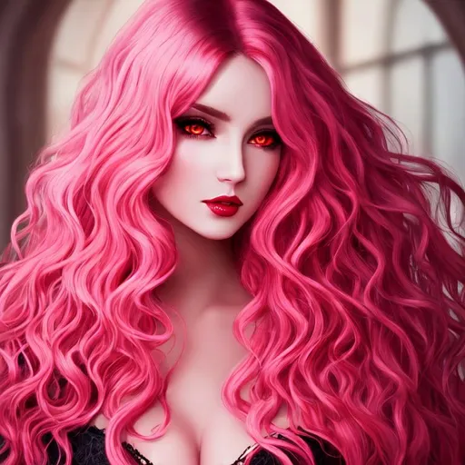 Prompt: beautiful, woman, demon, light pink skin, red glowing eyes, long black wavy hair, 