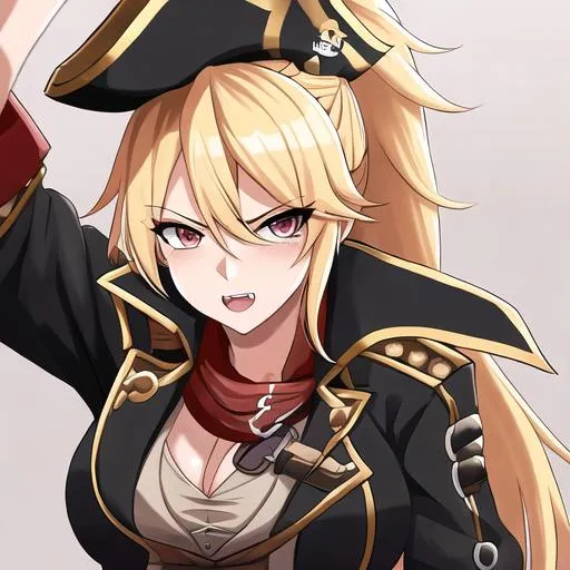 Prompt: Female pirate, (blonde hair pulled back into a ponytail) ,UHD, 8K, insane detail, best quality, high quality,  pirate, wearing an eye patch, fierce, friendly, pirate hat, highly detailed, anime style, standing on a pirate ship
