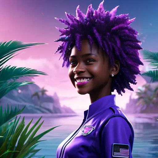 Prompt: beautiful young black woman female, medium-brown skin, smiling, short spiked purple hair, full lips, government uniform, futuristic tropical island, portrait, realistic details, photorealistic, 8k render, cinematic lighting, ultra detailed