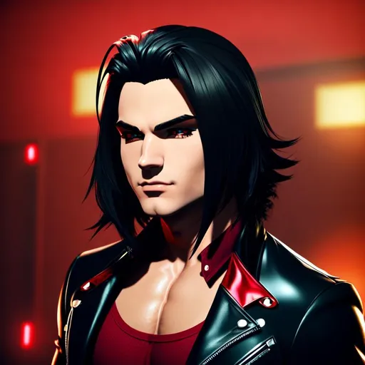 Prompt: ((perfect gay masterpiece)), 3D render, anime male, handsome, flowing shining black hair, gerard way, handsome exaggerated features, muscular pumped body, ((large plump pecs)), ruby red, emo, hyperbolically homoerotic, master portrait, powerful, myspace, 2002, scene, numetal
