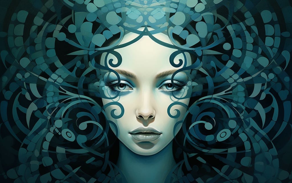 Prompt: Digital illustration by the globe's most renowned digital illustrator, influenced by geometric dreamlike designs, spray paint techniques, tranquil visages, lattice pattern, deep teal and pale shades, pronounced contrasts, womanly symbols