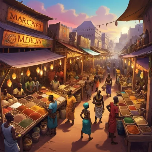 Prompt: Fantasy RPG-style illustration of a thriving african marketplace, bustling market scene, African musicians, colorful merchant stalls, exotic spices and pottery , vibrant and lively atmosphere, high quality, detailed characters, game-rpg, fantasy, African market, bustling, mystical, exotic, vibrant colors, detailed environment, atmospheric lighting, birdview