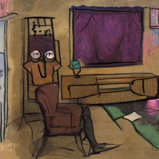 Prompt: Storyboard drawing.
Apartment interior. Depressed.
Main character is standing in the middle.