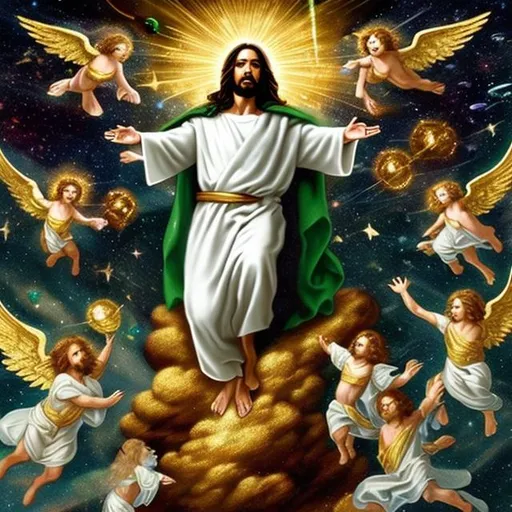 Prompt: jesus playing space rock, dressed like jesus, surrounded by flying cherubs, all covered in gold encrusted with emeralds