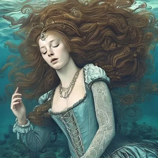 Prompt: woman in 16th century dress underwater sleeping.  hair, elaborate hair, fabric, lace, bubbles.