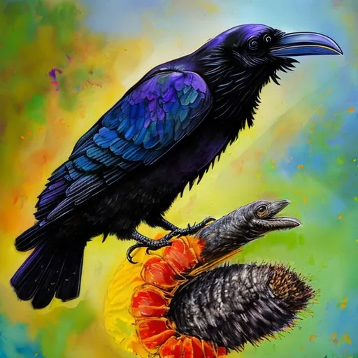 Prompt: Painting of a Raven eating a bright colored caterpillar 