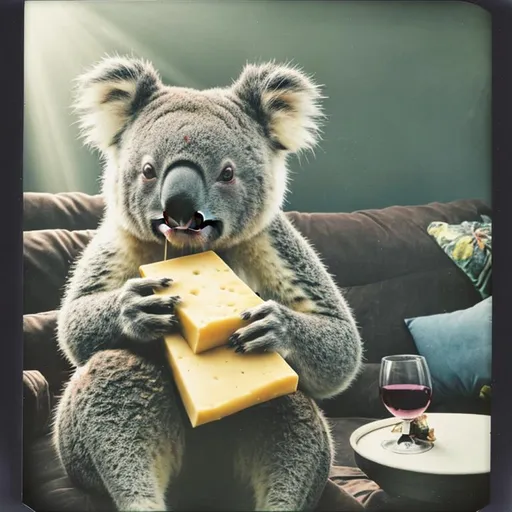 Prompt: polaroid picture of a koala drinking wine and eating cheese on a couch while watching tv, realistic, sun rays 