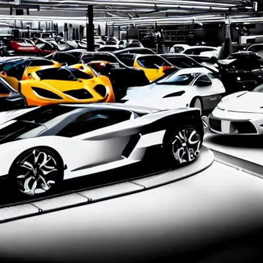 a garage full of expensive cars 4k hyper realistic