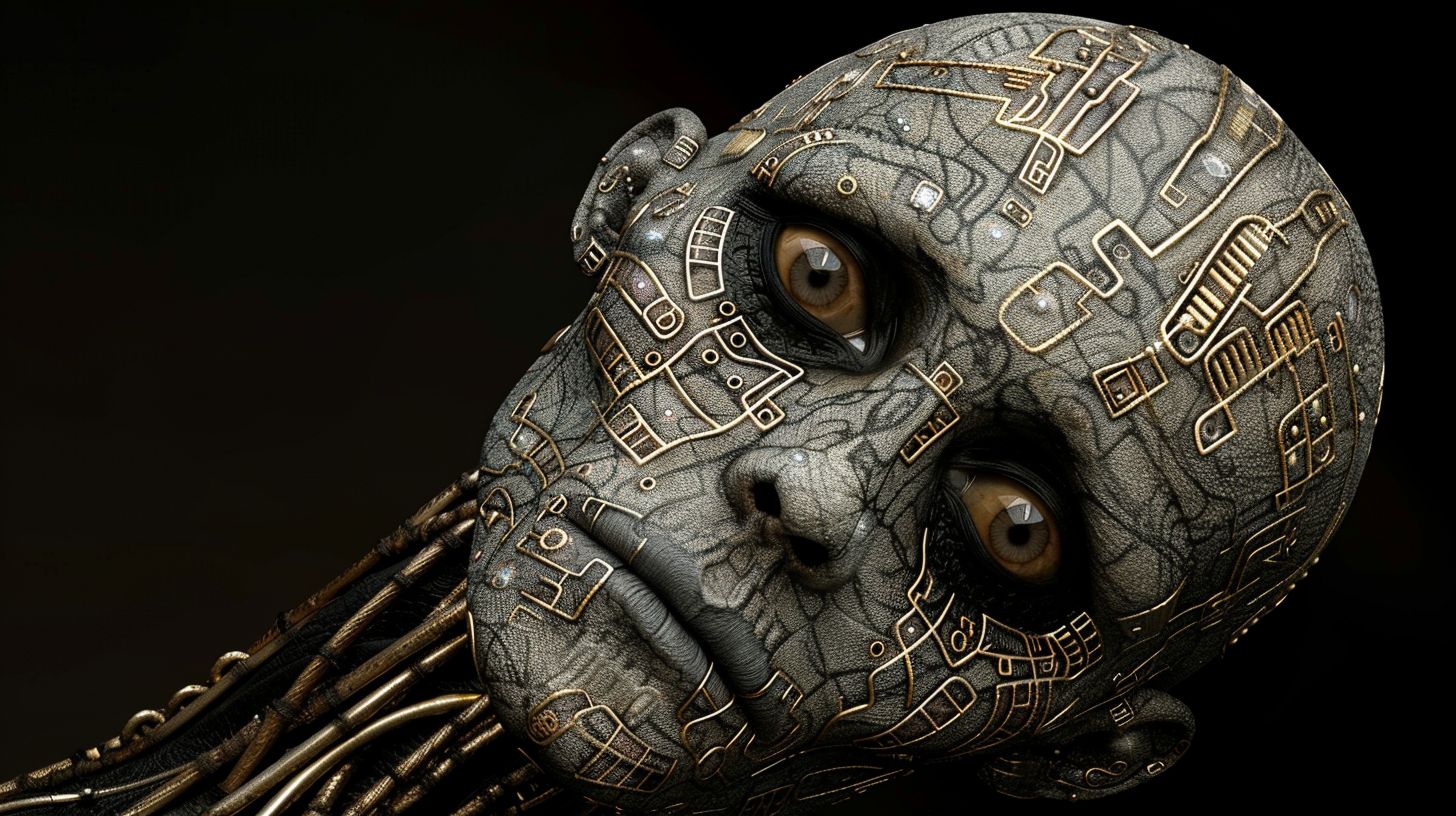 Prompt: Illustration with a fantasy theme, presenting a humanoid figure whose matte gray skin seems to glow faintly. The dark eyes, large and expressive, hold a galaxy of stories. The face is adorned with intricate patterns of gold and silver, so detailed they seem to pulsate with life. Rising from the forehead is a crown, not just of wires, but of liquid metal that twists and turns, capturing the essence of both fluidity and rigidity. The neck, a testament to both nature and machine, is a nexus of metal tubes, each with its own personality. Against this, the background stands subdued, a canvas of muted dark shades.