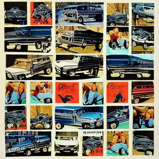 Prompt: Paula scher dull valley Ford bronco crying collage