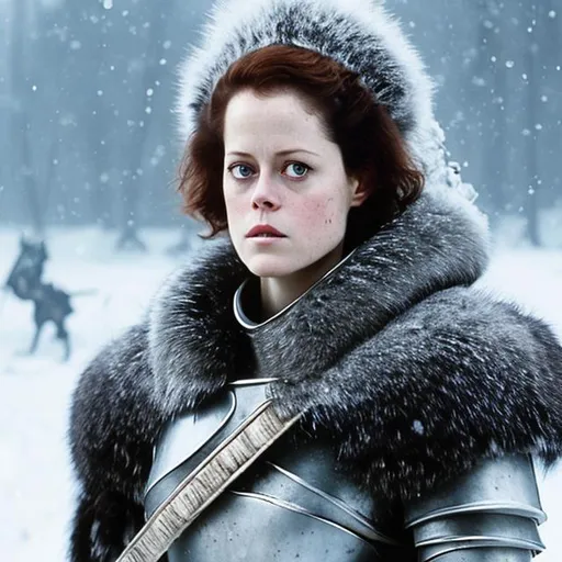 Prompt: young sigourney weaver, warrior queen, silver crown, grey armor, winter furs