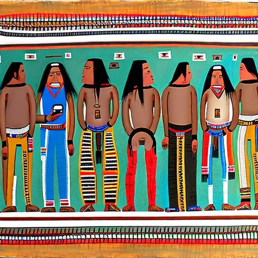 Prompt: Ledger art painting of Native Americans using cell phones and computers, highly detailed, highly decorated, masterpiece