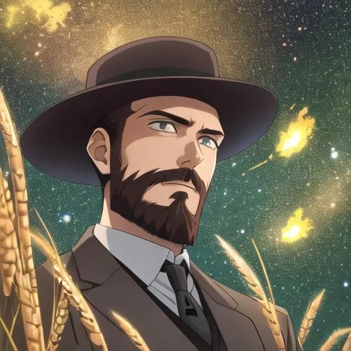 A man with a suit and tie from 1890 with a bowler hat staring into a galaxy in a field of wheat wit