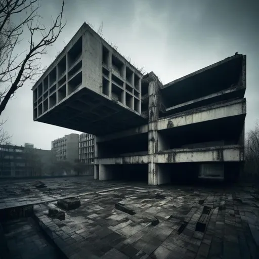 Prompt: a large brutalist architecture, crowded buildings, creepy, unsettling, macabre, wide angle, empty, reclaimed by nature, concept of physics do not apply, 