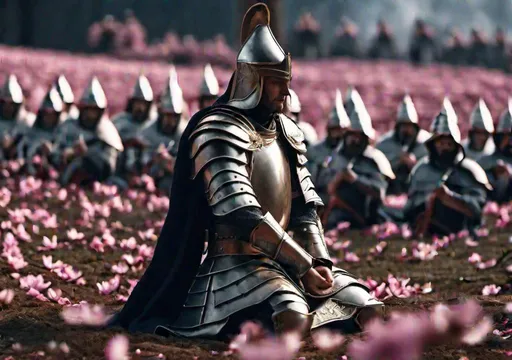 Prompt: realistic photo of magnificent Elros kneel, crying, praying hands, kneel down, surrounded by standing Numenorean knights, detailed face, battlefield in the background, flying sakura petals, 4k, highly detailed, intricate details, 