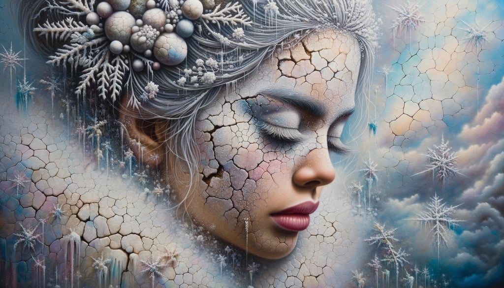 Prompt: a fairylike scene of a girl wearing snowy makeup, in the style of textured surface layers, cracked, delicate sculptures, realistic color palette, intricate webs in wide ratio