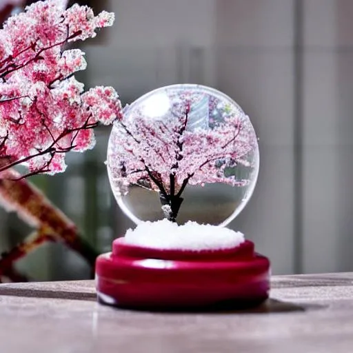 Prompt: cherry blossoms inside a glass snow globe sitting on a shelf