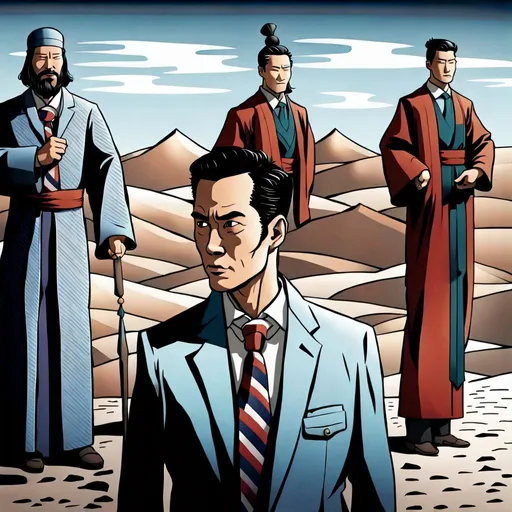 Prompt: A captivating image emerges - An Asian person is donning a unique fusion of Eastern and Western attire. They are wearing a long necktie that adds a touch of formality, while an overcoat robe makes their outfit look similar to a business suit. They radiate strength, resembling a terra cotta warrior wearing a necktie. The scene is set amidst the backdrop of a warehouse and/or hangar, evoking a realistic and picturesque landscape. The outfit mixes Hanfu with other fashion styles. The photograph captures the essence of this intriguing blend, inviting viewers to delve deeper into the fusion of cultures.