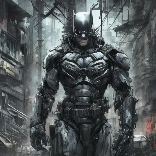 Prompt: Very dark black, good and green evil distant future bionic enhanced batman. Super soldier. Accurate. realistic. evil eyes. Slow exposure. Detailed. Dirty. Dark and gritty. Post-apocalyptic Neo Tokyo. Futuristic. Shadows. Sinister. Armed. Fanatic. Intense. 