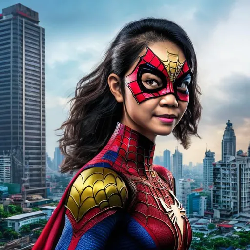 Prompt: one hybrid superhero character, Mix Thai  female and spiderman, in realistic background of bangkok, with weapon, happy facial expression, detailed armor and cape, 4K, detailed facial expression, superhero, vibrant colors, intense gaze, advertisement-worthy, realistic, detailed illustration, professional, vibrant lighting
