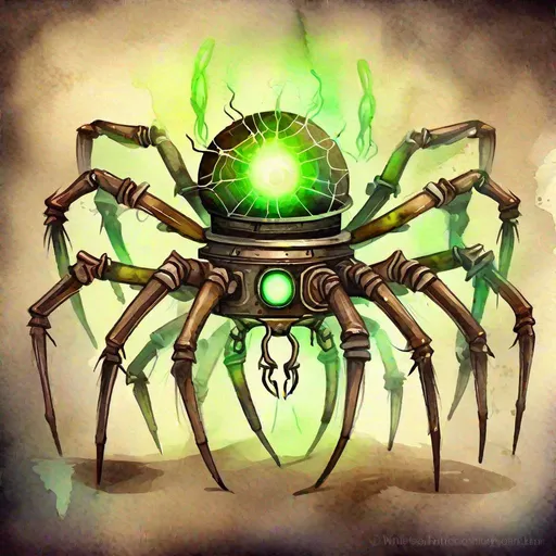 Prompt: Aurora Firepot Spider which is a mechanical spider, abdomen is dark brown with neon green, brown mechanical legs, this creature glows with a alchemical light show, masterpiece, best quality, (in watercolor painting style)