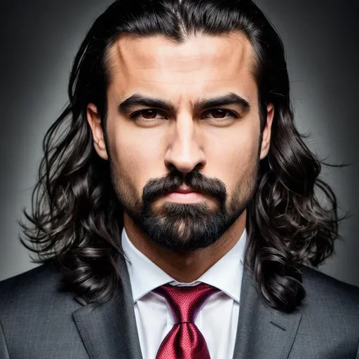 Prompt: Photorealistic portrait, very detailed, full frame of a realistic angry bird wearing suit with tie, with wavy jet black tapered long hair, detailed eyes, dark smokey background 