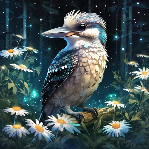 Prompt: A mythical translucent kookaburra that is glowing, in a forest clearing surrounded by daisies and ferns, beneath the stars, bioluminescent, highres, best quality, concept art