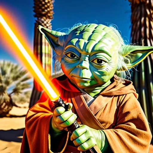 Prompt: Closeup portrait of Serious looking mad Yoda holding bronze color lightsaber with both hands, desert palm tree landscape