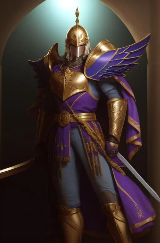 Prompt: Fulgrim the Phoenician, armored in purple and gold, realistic, Man, holding sword, realistic, blurry khaki background, human, White full face mask, hyper realistic, futuristic, helmet, glowing blue eyes, retro, wings, Snowy White face