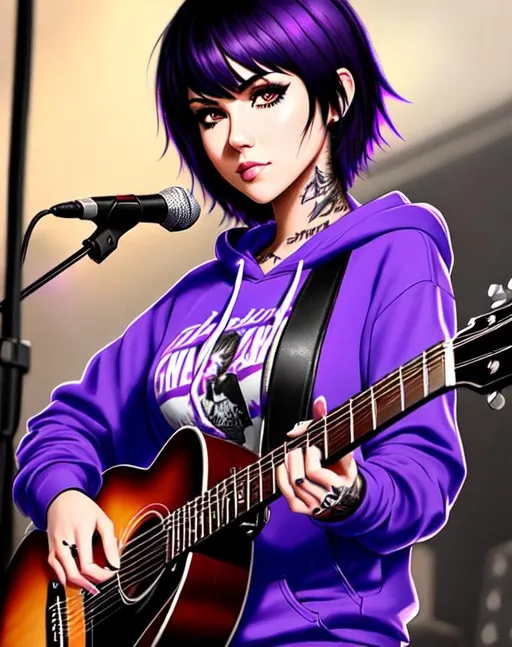 Prompt: concert poster
kat von d, 17 years old, tattoos, black  short hair with purple highlights, playing guitar in crowded bar, parted bangs, brown eyes, ethereal, black emo hoodie, denim shorts, wild hair, royal vibe, highly detailed, digital painting, Trending on artstation , HD quality, Big Eyes,artgerm, by Ilya Kuvshinov