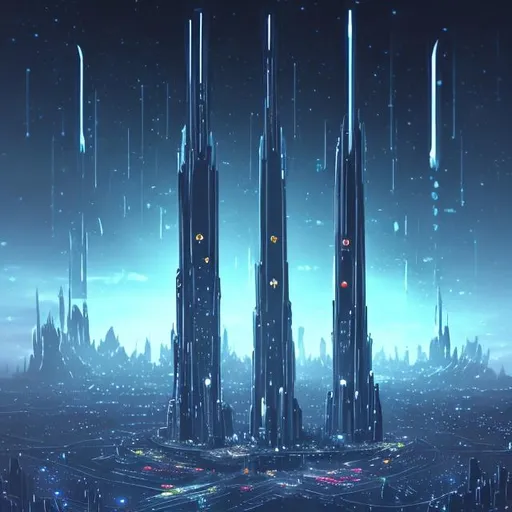 Prompt: Futuristic Tall black towers on deep dark ocean dark sky spaceships night lights hover ships dark tall city lots and lots of small floating ships hovering above clouds big planet with rings closeby spaceships hovering super tall mega skyscraper