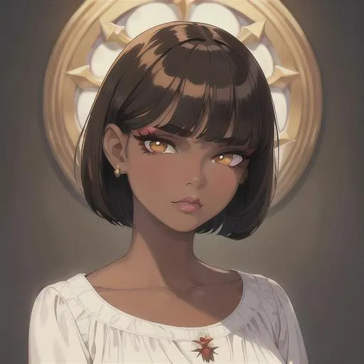 Prompt: (masterpiece, illustration, best quality:1.2), wearing a white silky nightgown, brown skin, mad face, detailed eyes, medieval style, short straight hairstyle, black hair, devilish like yellow eyes, black eyelashes, best quality face, best quality, best quality skin, best quality eyes, best quality lips, ultra-detailed eyes, ultra-detailed hair, ultra-detailed, illustration, colorful, soft glow, 1 girl