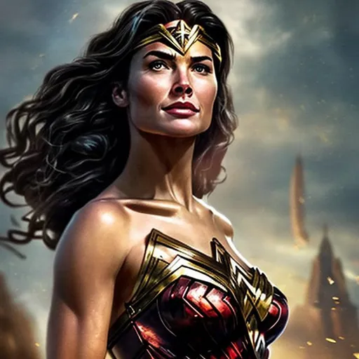 Prompt: Picture Wonder Woman, the iconic superheroine from DC Comics, in a moment of heroic strength and determination. She stands tall and confident, radiating power and grace. Her appearance captures her Amazonian heritage and symbolizes her role as a symbol of female empowerment.

Wonder Woman is adorned in her iconic costume, a blend of strength and elegance. Her golden tiara rests upon her forehead, representing her royal lineage and connection to her Amazonian roots. The tiara is accompanied by her red star-spangled headband, a symbol of her patriotism and commitment to justice.

Her armor is a shining combination of red, blue, and gold. The form-fitting bodice emphasizes her athleticism and showcases her strength. The golden eagle emblem, prominently displayed on her chest, represents her association with the Amazons and serves as a symbol of courage and power.

In her hands, Wonder Woman wields her iconic weapon, the Lasso of Truth. The glowing golden rope is an emblem of her unwavering commitment to honesty and justice. It represents her ability to compel truth and serves as a powerful tool in her quest for righteousness.

Surrounding Wonder Woman, the scene may depict a dynamic backdrop, such as a cityscape or a battlefield. It could showcase her in action, engaged in a heroic struggle against formidable adversaries or protecting the innocent. The setting might be enhanced with dramatic lighting, emphasizing the strength and determination in Wonder Woman's eyes.

The image can also feature elements from her supporting cast, such as her fellow Justice League members or her trusted allies, adding depth and context to the narrative. The image could capture a pivotal moment in her heroic journey, showcasing her unwavering spirit and inspiring others with her selflessness and courage.