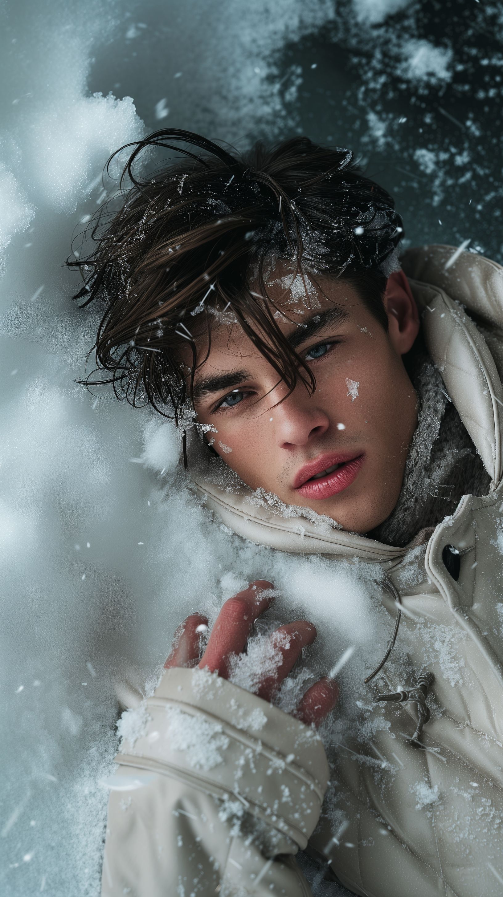 Prompt: A handsome man with an open snowjacket laying in the snow melting it from how attractive he is, his back is arched and his palms are gripping down on the snow, his eyelids are half shut leaving just the whites of his eyes, attractive pink lips, flirty half-smile, light pink blush, darkened eyes, pleasure, GQ photoshoot --v 6.0 --ar 9:16