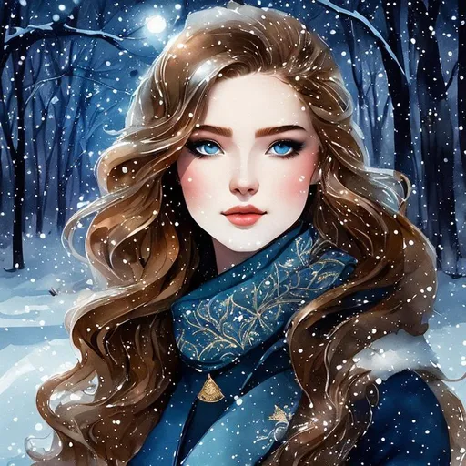 Prompt: (winter night scene). fine art portrait - a Beautiful Student Lady - stunningly beautiful face, long wavy light brown hair, dazzling blue eyes - in the snowy park of the Dark Academia: "Firstly, you can make your journey through this much easier by approaching it with a positive mindset" - Very nice face painted with silver ink, gold ink and blue watercolor, very thin lines, sharp focus, extremely detailed, precise work, a masterpiece by Luis Roya