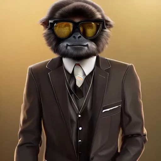 Prompt: Sophisticated gibbon wearing a suit and shades, UHD, 64k, bakeh, concept art, character, intricate details, unreal engine, Behance, cinematic, octane render, looking into camera, HDR, by Yuumei, elite, vector, light tracing, God