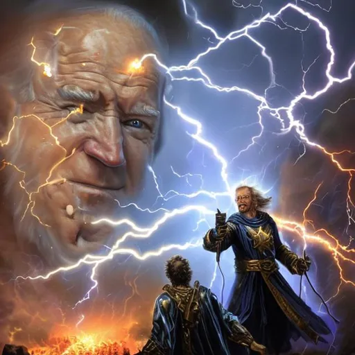 Prompt: Joe biden smiting a mortal with lightning