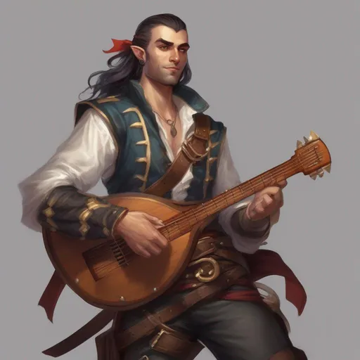 Prompt: Dnd art male half elf pirate captain with lute on back 