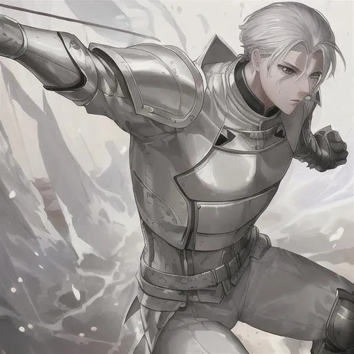 Prompt: young man, perfect face, athletic, white skin, silver hair, golden eyes, holy soldier, (military armor), battle scars, (fully body), (zoom out)