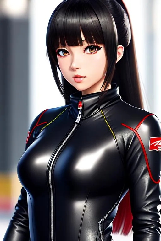 Prompt: Genshin impact, anime, scarf, straight hair, straight bangs, bangs, leaning, female, cute face, long hair, logos render lips, leather, bodysuit, racing suit, rider suit, zipper, gloves, zipped, ninja, ninja girl, realistic, 4k, 