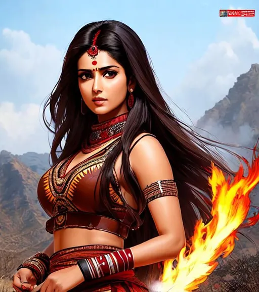 Prompt: Manga cover art. Sadaf Mohammed Sayed (Indian actress who mainly appears in Telugu, Tamil, and Kannada films) with brown long hair, wearing brown well oil leather tribal cueitl war dress, intricate tribal village, realistic face, emotional lighting, cover logo "Azmaat" , character illustration by Ilya Kuvshinov, chainsaw man, fire punch 