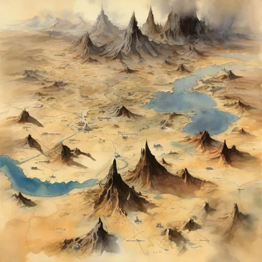 Prompt: aerial map of the eldritch desert kingdom, vast landscape, fantasy point-crawl world map, dark and eerie, watercolor by Frank Frazetta --ar 16:9 --v 5.0 --s 750
